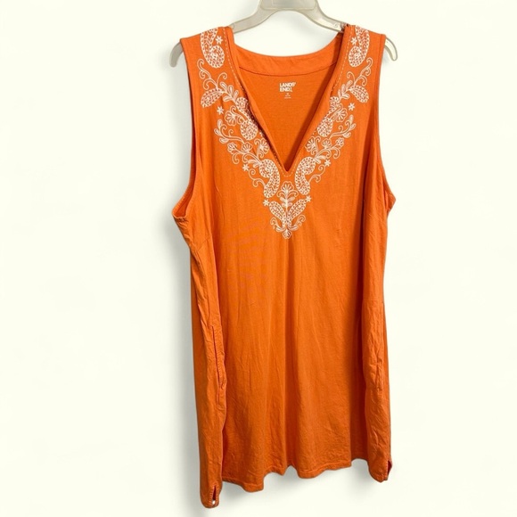 Land's End tangerine orange v neck embroidered midi pocket dress size 2X plus - Picture 1 of 5